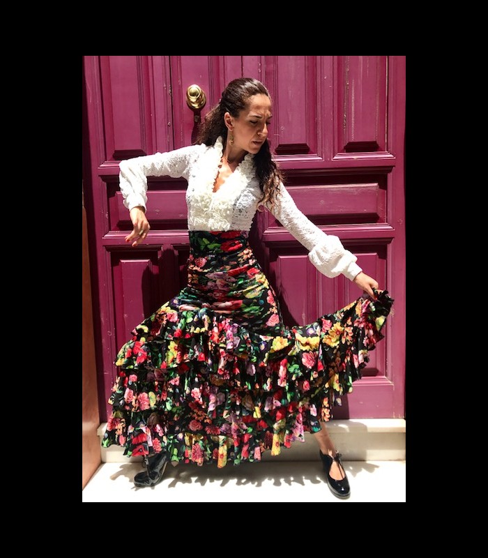 Falda flamenca profesional modelo Sevilla flores beige - Flamencodesign  Sevilla