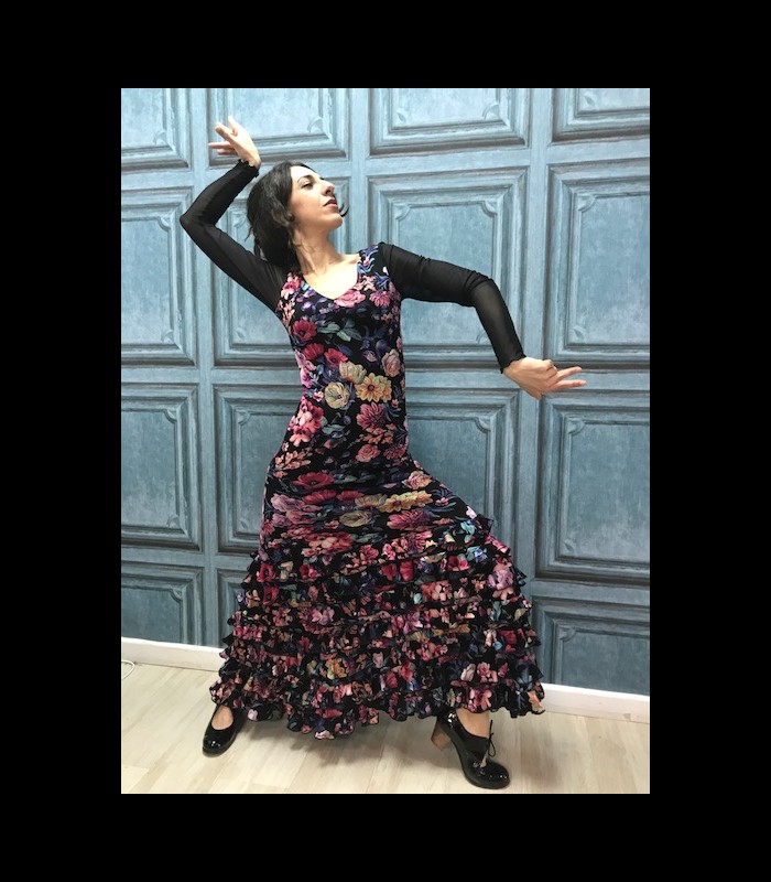 Vestido de flamenco negro estampado flores - Flamencodesign Sevilla