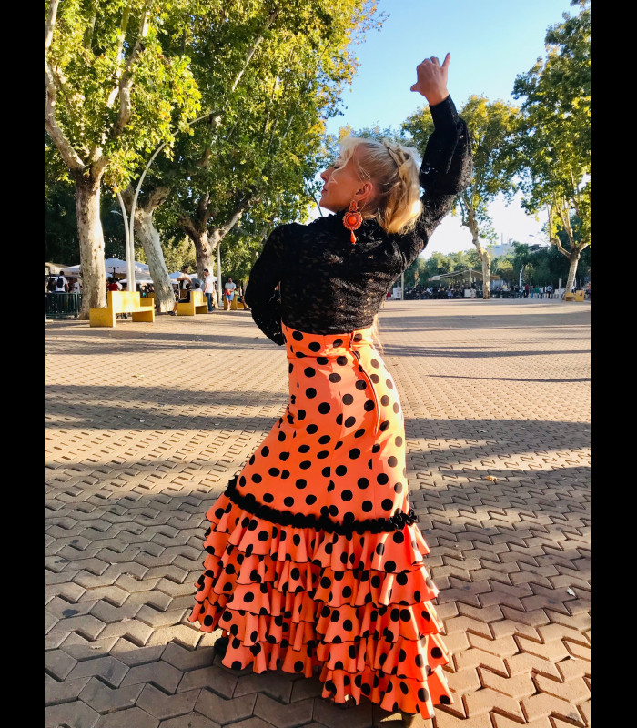 fantasma Atrevimiento arena Falda de flamenco profesional modelo Carmensol naranja - Flamencodesign  Sevilla