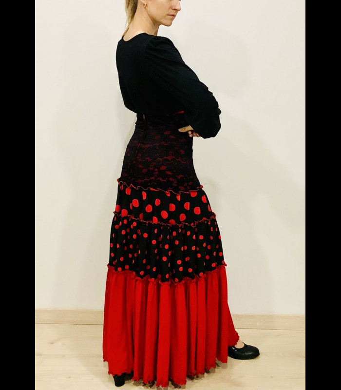 Falda Flamenca Estampada modelo Alegría color negro con flores-Talla 36
